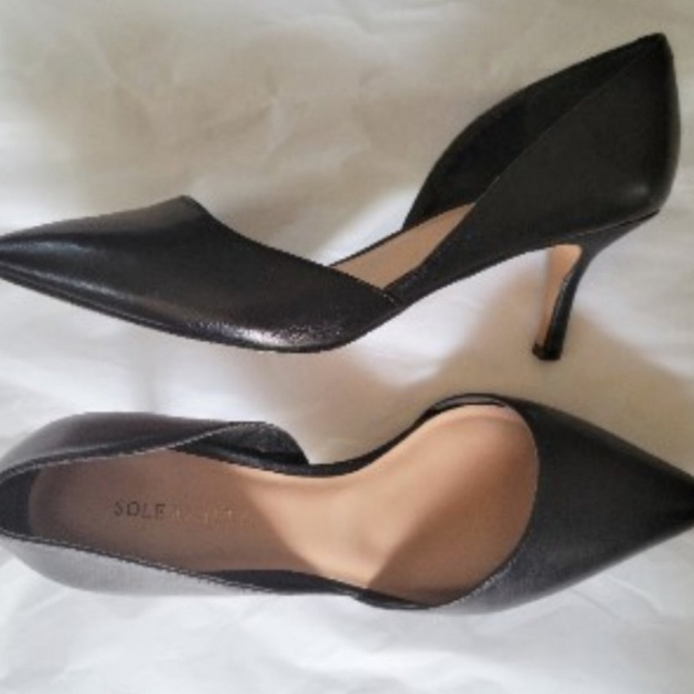 SOLE SOCIETY Jenn Black Leather D'orsay Heels Shoes 8 - Picture 2 of 4